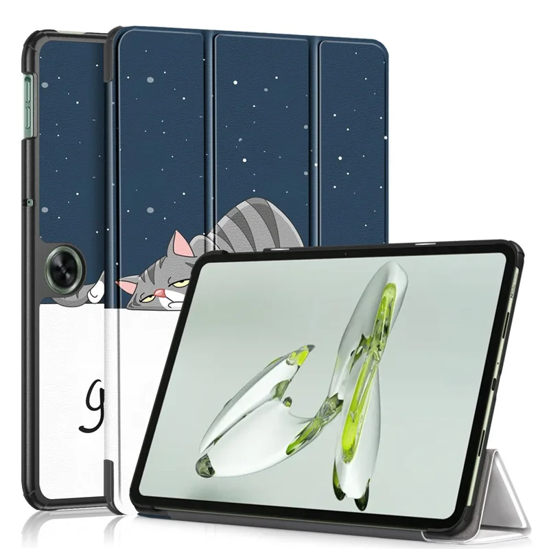 For OnePlus Pad Go / Oppo Pad Air 2 / Pad Neo Smart Cover Full-Body Tri-fold Stand Pattern Tablet Case - Cat