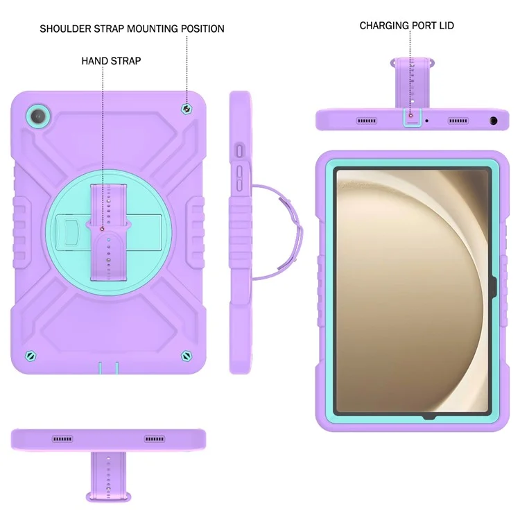X-Shaped Series for Samsung Galaxy Tab A9+ Case PC+Silicone Rugged Shockproof Tablet Cover - Purple+Cyan