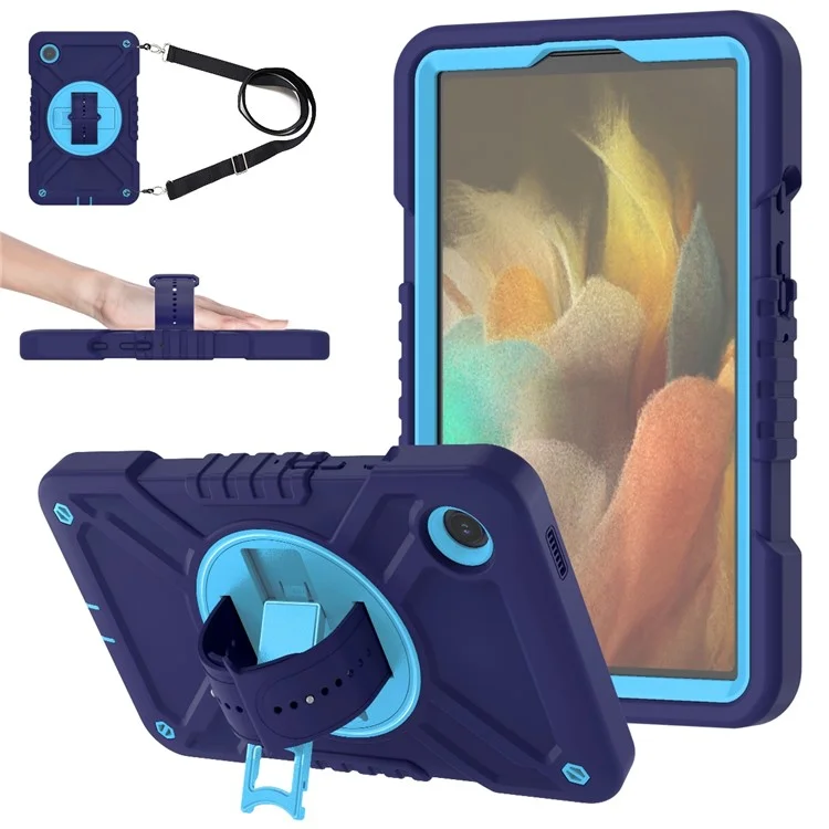 X-Shaped Series for Samsung Galaxy Tab A9 Protective Cover Kickstand Tablet Case with Shoulder Strap - Navy Blue+Sky Blue