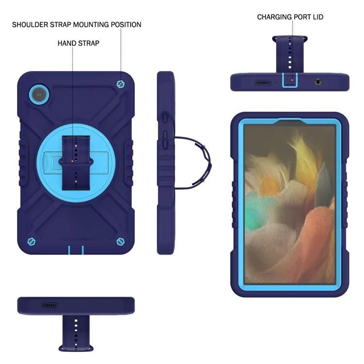 X-Shaped Series for Samsung Galaxy Tab A9 Protective Cover Kickstand Tablet Case with Shoulder Strap - Navy Blue+Sky Blue