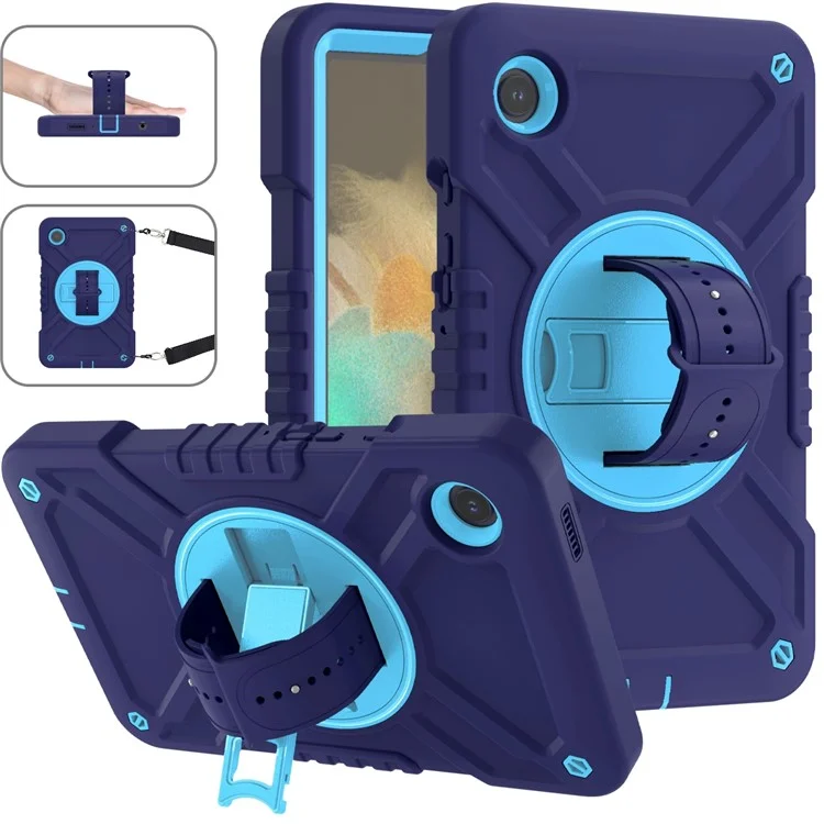 X-Shaped Series for Samsung Galaxy Tab A9 Protective Cover Kickstand Tablet Case with Shoulder Strap - Navy Blue+Sky Blue
