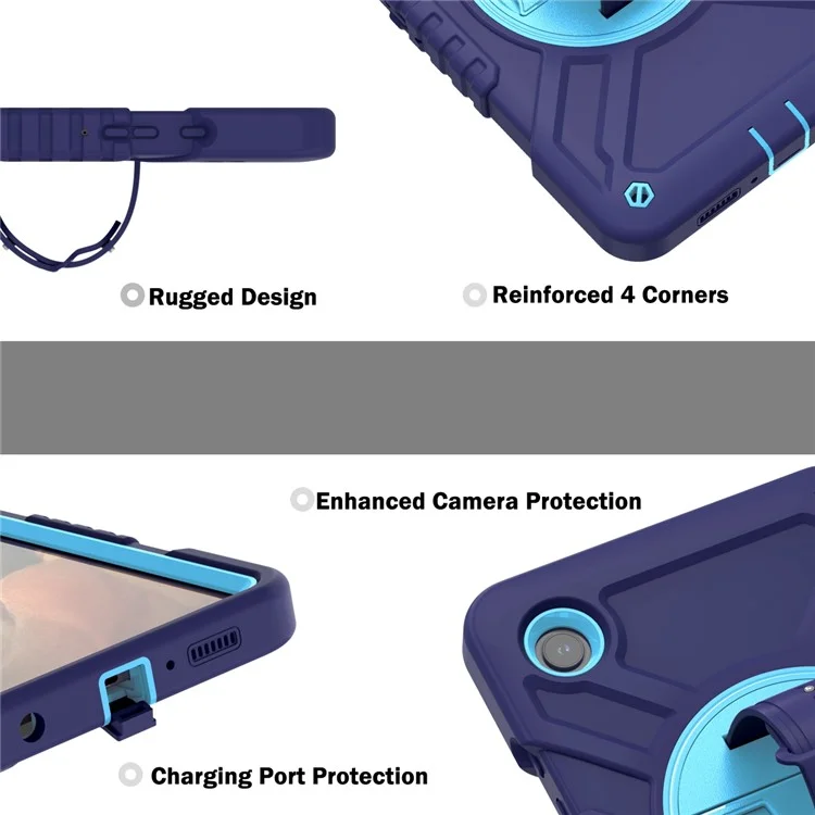 X-Shaped Series for Samsung Galaxy Tab A9 Protective Cover Kickstand Tablet Case with Shoulder Strap - Navy Blue+Sky Blue