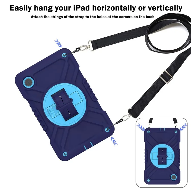 X-Shaped Series for Samsung Galaxy Tab A9 Protective Cover Kickstand Tablet Case with Shoulder Strap - Navy Blue+Sky Blue