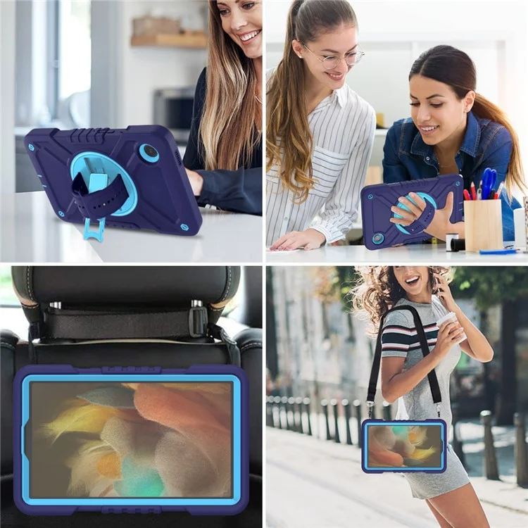 X-Shaped Series for Samsung Galaxy Tab A9 Protective Cover Kickstand Tablet Case with Shoulder Strap - Navy Blue+Sky Blue