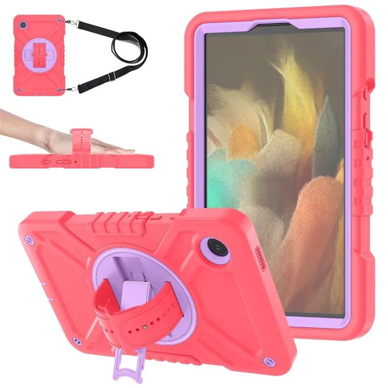 X-Shaped Series for Samsung Galaxy Tab A9 Protective Cover Kickstand Tablet Case with Shoulder Strap - Red+Purple