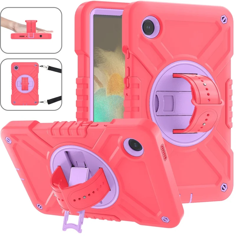 X-Shaped Series for Samsung Galaxy Tab A9 Protective Cover Kickstand Tablet Case with Shoulder Strap - Red+Purple