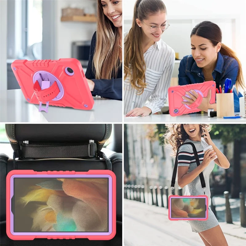 X-Shaped Series for Samsung Galaxy Tab A9 Protective Cover Kickstand Tablet Case with Shoulder Strap - Red+Purple