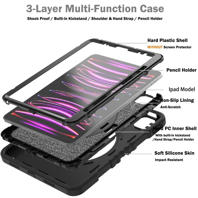 X-Shaped Series for iPad Pro 11 (2018) / (2020) / (2021) / (2022) / iPad Air (2020) / (2022) Case Kickstand Protective Cover - All Black