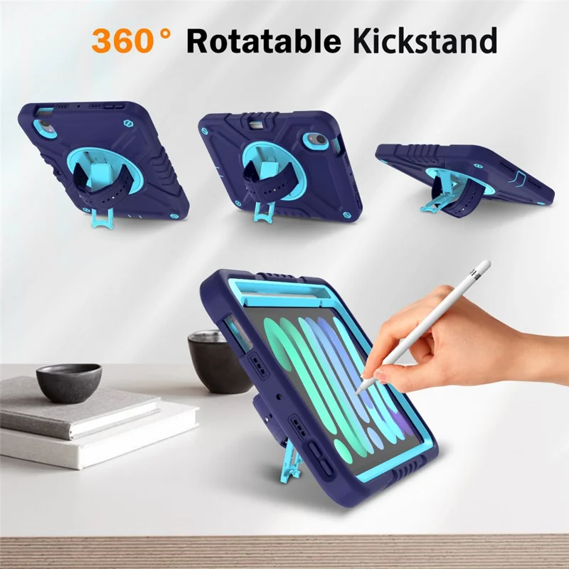 X-Shaped Series for iPad mini (2024) / mini (2021) Tablet Case Kickstand Rugged Cover with Shoulder Strap - Navy Blue+Sky Blue