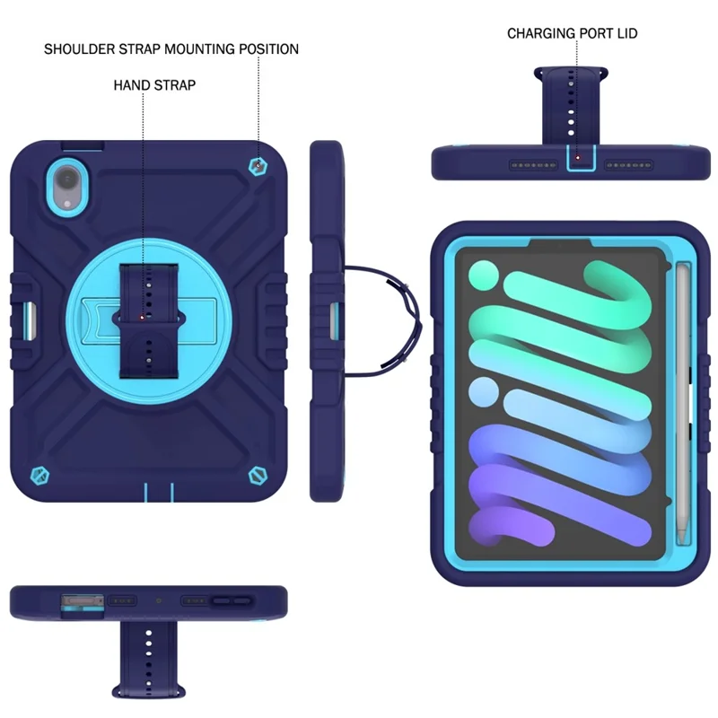 X-Shaped Series for iPad mini (2024) / mini (2021) Tablet Case Kickstand Rugged Cover with Shoulder Strap - Navy Blue+Sky Blue