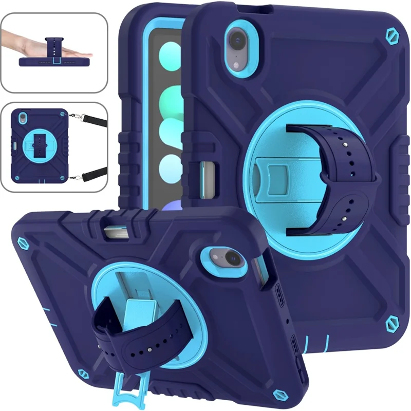 X-Shaped Series for iPad mini (2024) / mini (2021) Tablet Case Kickstand Rugged Cover with Shoulder Strap - Navy Blue+Sky Blue