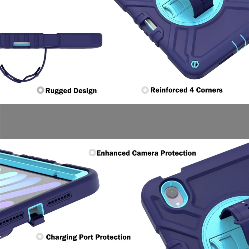 X-Shaped Series for iPad mini (2024) / mini (2021) Tablet Case Kickstand Rugged Cover with Shoulder Strap - Navy Blue+Sky Blue