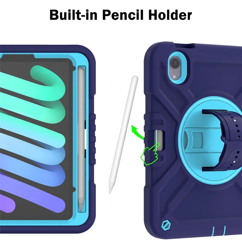 X-Shaped Series for iPad mini (2024) / mini (2021) Tablet Case Kickstand Rugged Cover with Shoulder Strap - Navy Blue+Sky Blue