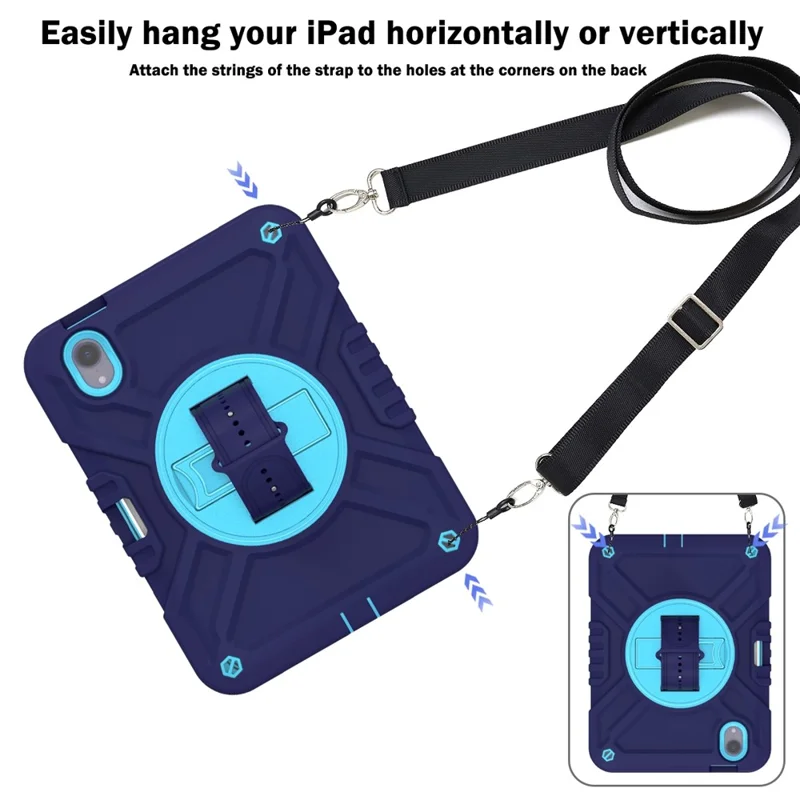 X-Shaped Series for iPad mini (2024) / mini (2021) Tablet Case Kickstand Rugged Cover with Shoulder Strap - Navy Blue+Sky Blue