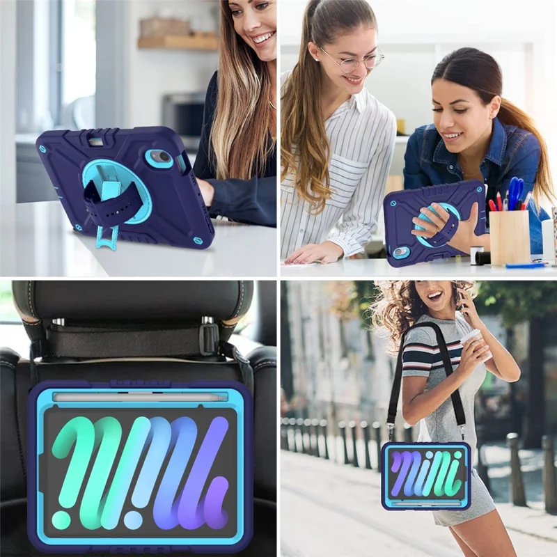 X-Shaped Series for iPad mini (2024) / mini (2021) Tablet Case Kickstand Rugged Cover with Shoulder Strap - Navy Blue+Sky Blue