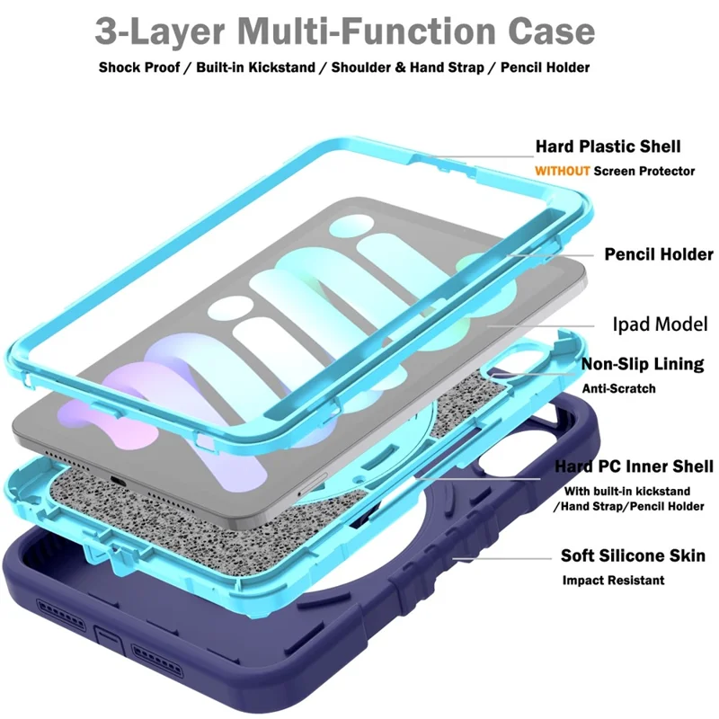 X-Shaped Series for iPad mini (2024) / mini (2021) Tablet Case Kickstand Rugged Cover with Shoulder Strap - Navy Blue+Sky Blue