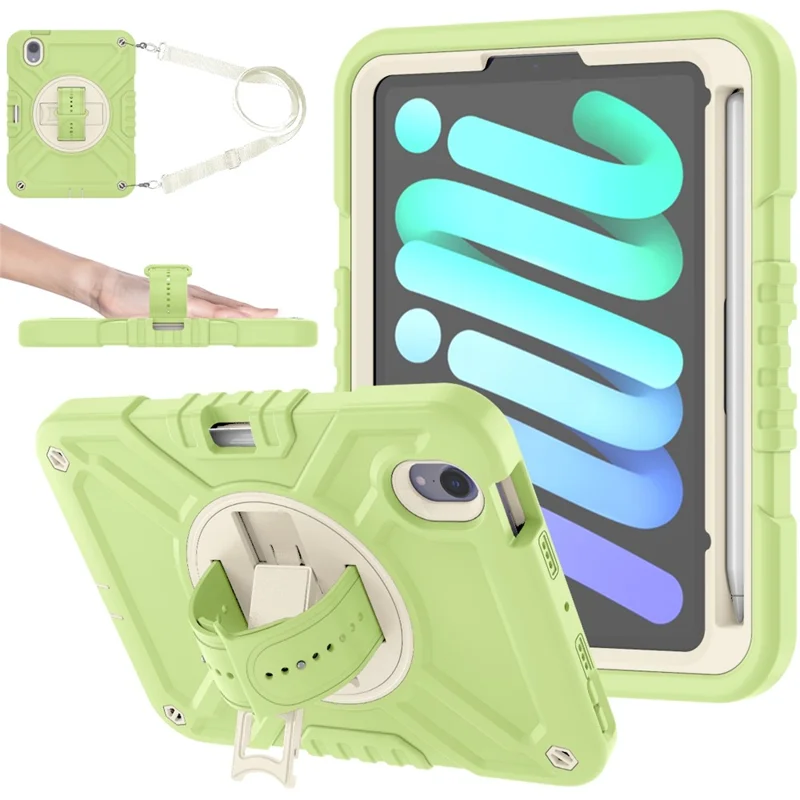 X-Shaped-serie til iPad mini (2024) / mini (2021) tabletbeskyttelse med støtte og robust hylster med skulderrem - Gullgrøn+Hvid