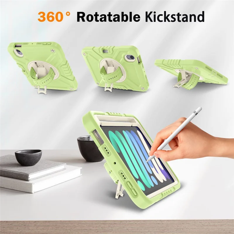 X-Shaped-serie til iPad mini (2024) / mini (2021) tabletbeskyttelse med støtte og robust hylster med skulderrem - Gullgrøn+Hvid