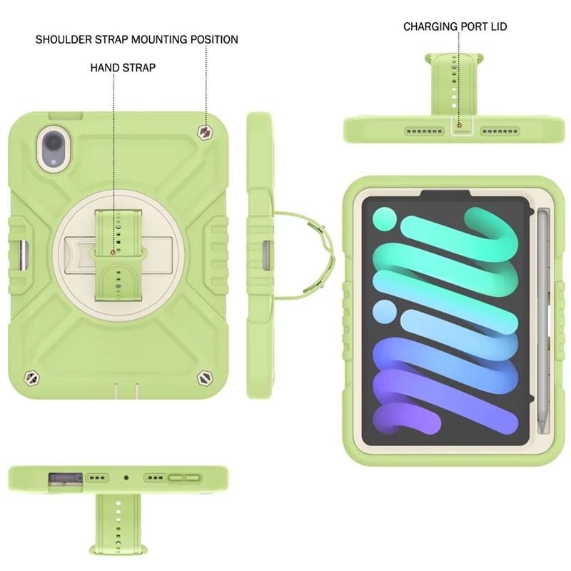 X-Shaped-serie til iPad mini (2024) / mini (2021) tabletbeskyttelse med støtte og robust hylster med skulderrem - Gullgrøn+Hvid