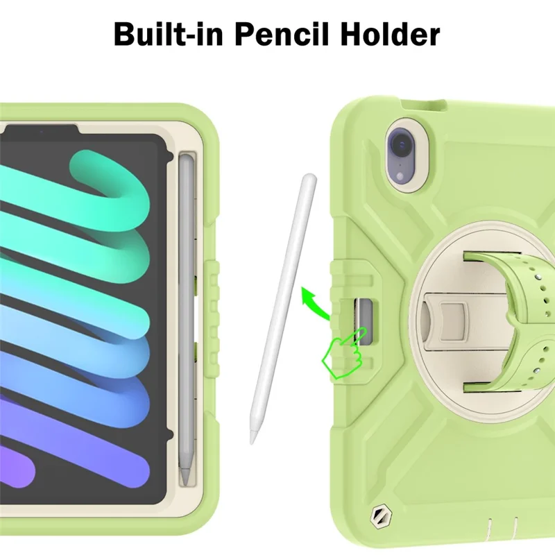 X-Shaped-serie til iPad mini (2024) / mini (2021) tabletbeskyttelse med støtte og robust hylster med skulderrem - Gullgrøn+Hvid