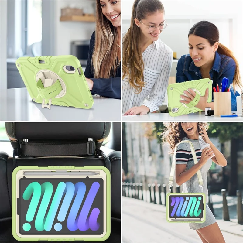 X-Shaped-serie til iPad mini (2024) / mini (2021) tabletbeskyttelse med støtte og robust hylster med skulderrem - Gullgrøn+Hvid
