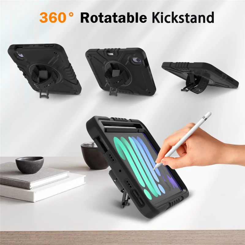 X-Shaped Series for iPad mini (2024) / mini (2021) Tablet Case Kickstand Rugged Cover with Shoulder Strap - All Black