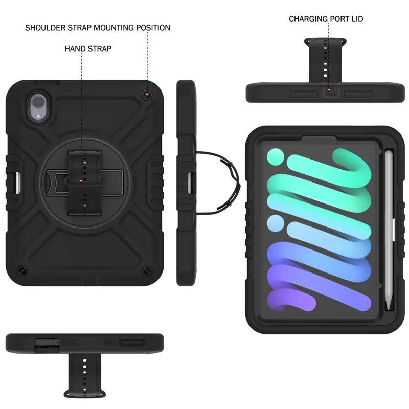 X-Shaped Series for iPad mini (2024) / mini (2021) Tablet Case Kickstand Rugged Cover with Shoulder Strap - All Black