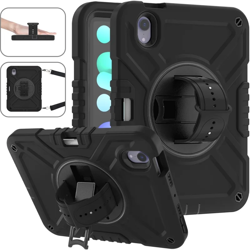 X-Shaped Series for iPad mini (2024) / mini (2021) Tablet Case Kickstand Rugged Cover with Shoulder Strap - All Black