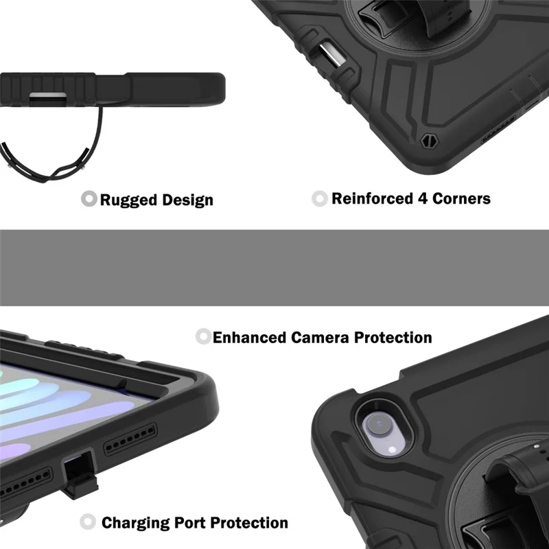 X-Shaped Series for iPad mini (2024) / mini (2021) Tablet Case Kickstand Rugged Cover with Shoulder Strap - All Black