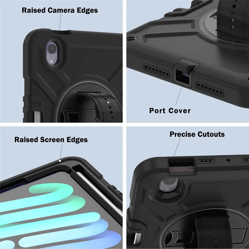 X-Shaped Series for iPad mini (2024) / mini (2021) Tablet Case Kickstand Rugged Cover with Shoulder Strap - All Black