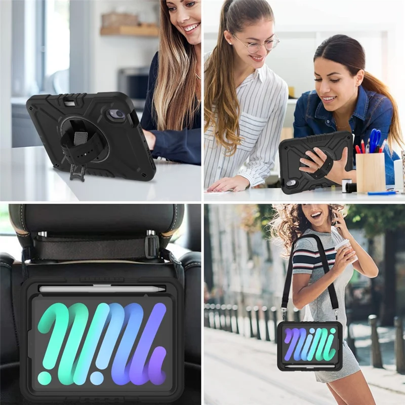 X-Shaped Series for iPad mini (2024) / mini (2021) Tablet Case Kickstand Rugged Cover with Shoulder Strap - All Black