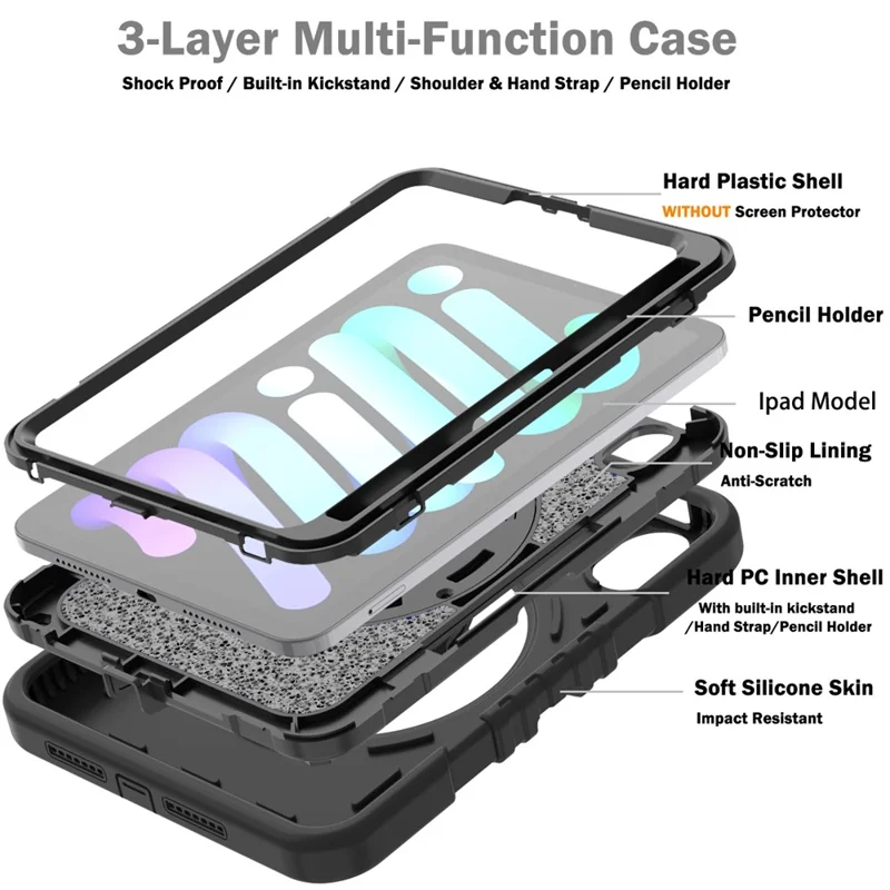 X-Shaped Series for iPad mini (2024) / mini (2021) Tablet Case Kickstand Rugged Cover with Shoulder Strap - All Black
