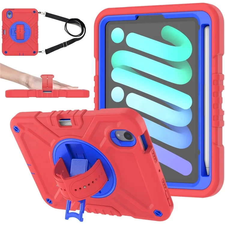 X-Shaped Series for iPad mini (2024) / mini (2021) Tablet Case Kickstand Rugged Cover with Shoulder Strap - Red+Blue