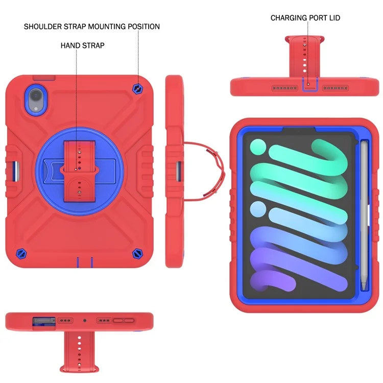 X-Shaped Series for iPad mini (2024) / mini (2021) Tablet Case Kickstand Rugged Cover with Shoulder Strap - Red+Blue