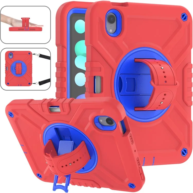 X-Shaped Series for iPad mini (2024) / mini (2021) Tablet Case Kickstand Rugged Cover with Shoulder Strap - Red+Blue