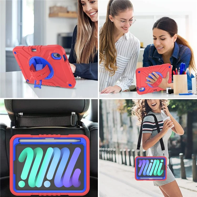 X-Shaped Series for iPad mini (2024) / mini (2021) Tablet Case Kickstand Rugged Cover with Shoulder Strap - Red+Blue