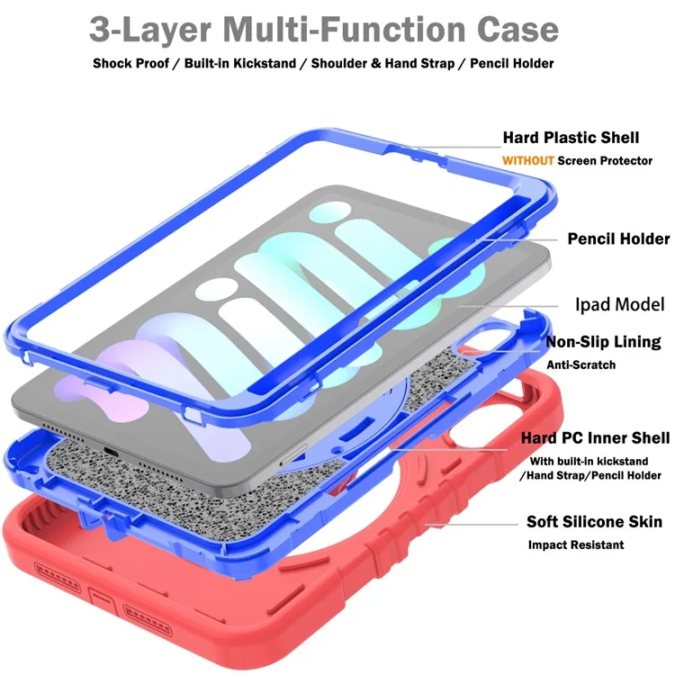 X-Shaped Series for iPad mini (2024) / mini (2021) Tablet Case Kickstand Rugged Cover with Shoulder Strap - Red+Blue