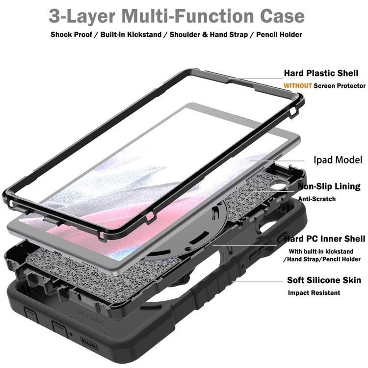 X-Shaped Series for Samsung Galaxy Tab A7 Lite 8.7-inch Tablet Case PC+Silicone Rotatable Kickstand Cover - All Black