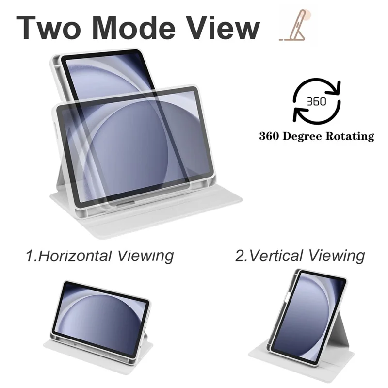 For Samsung Galaxy Tab A9 Case Rotary Stand PU Leather+Acrylic Tablet Cover with Pen Holder - Grey