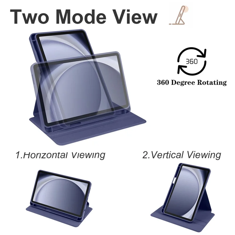 For Samsung Galaxy Tab A9 Case Rotary Stand PU Leather+Acrylic Tablet Cover with Pen Holder - Dark Blue