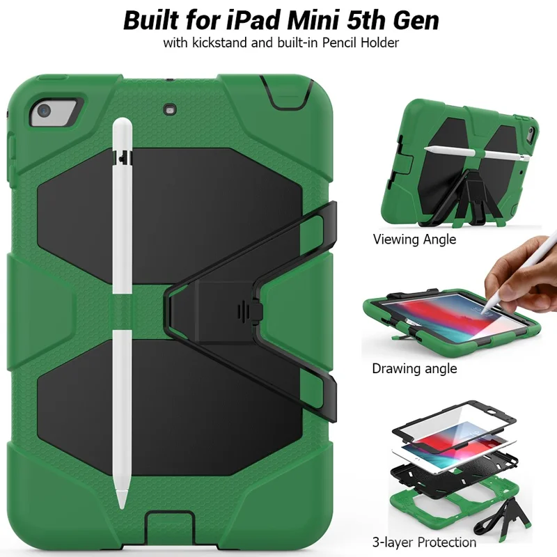Til iPad mini 4 / mini (2019) 7,9 tommer støttebeslagtaske til tablet med PET-skærmprotector - Hærgrøn