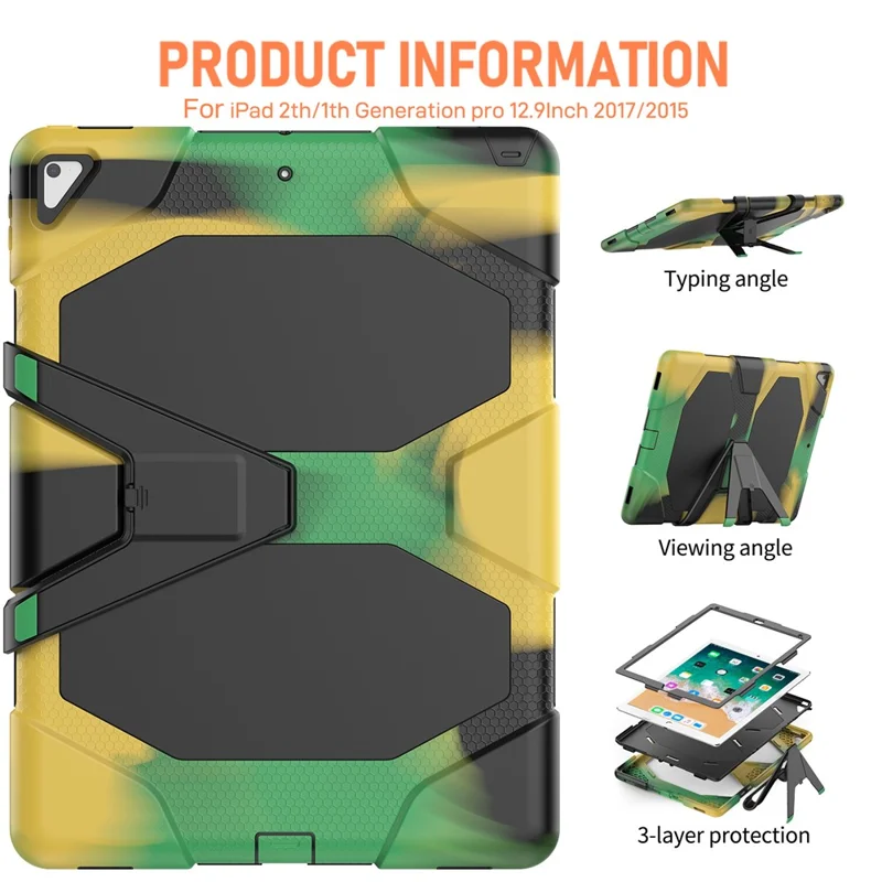 For iPad Pro 12.9 inch (2015) / (2017) Case PC + Silicone Tablet Kickstand Cover with PET Screen Protector - Camouflage