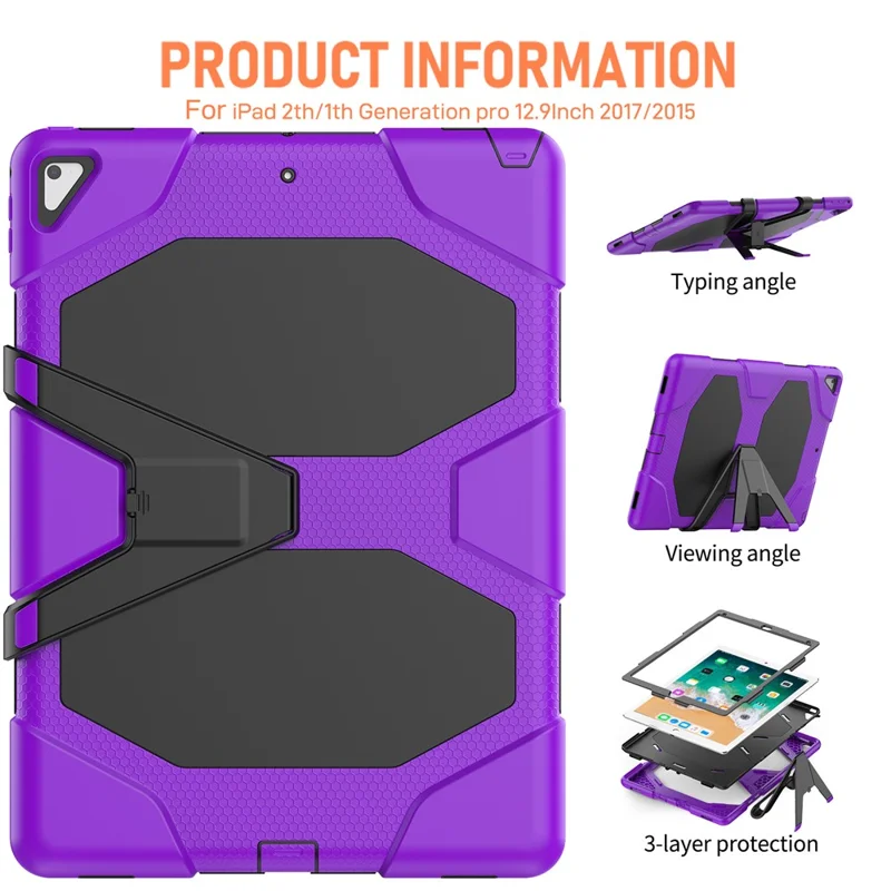 For iPad Pro 12.9 inch (2015) / (2017) Case PC + Silicone Tablet Kickstand Cover with PET Screen Protector - Purple