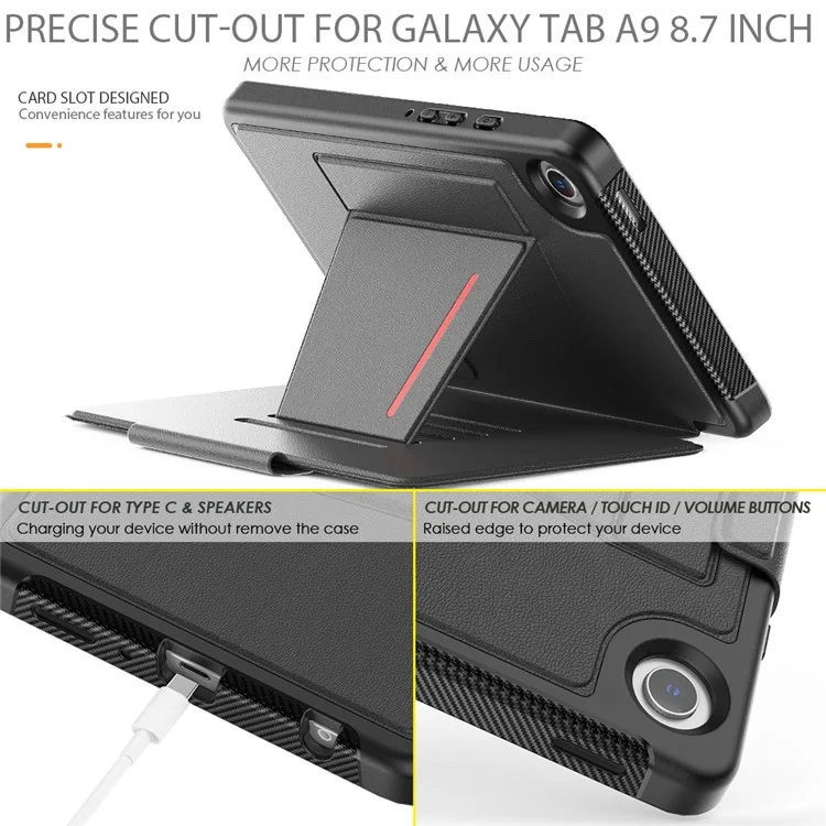 Pour Samsung Galaxy Tab A9 SM-X110 X115 Étui avec support, porte-cartes, en cuir pour tablette - Noir
