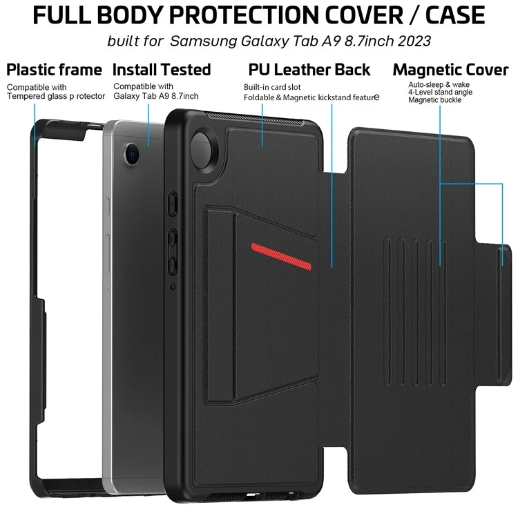 Pour Samsung Galaxy Tab A9 SM-X110 X115 Étui avec support, porte-cartes, en cuir pour tablette - Noir