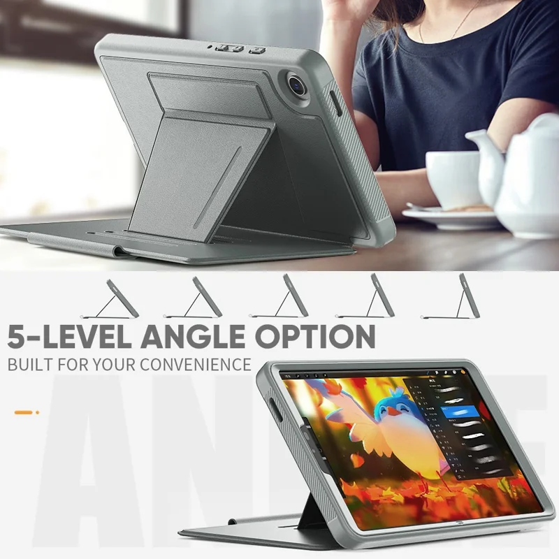 For Samsung Galaxy Tab A9 SM-X110 X115 Case Kickstand Card Holder Leather Tablet Cover - Grey