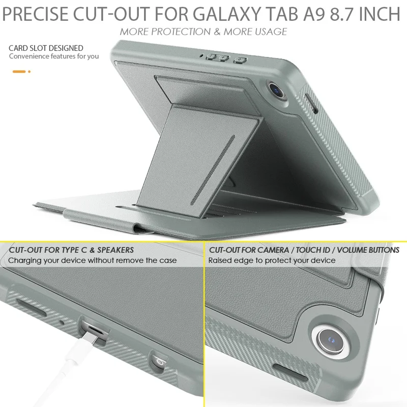 For Samsung Galaxy Tab A9 SM-X110 X115 Case Kickstand Card Holder Leather Tablet Cover - Grey