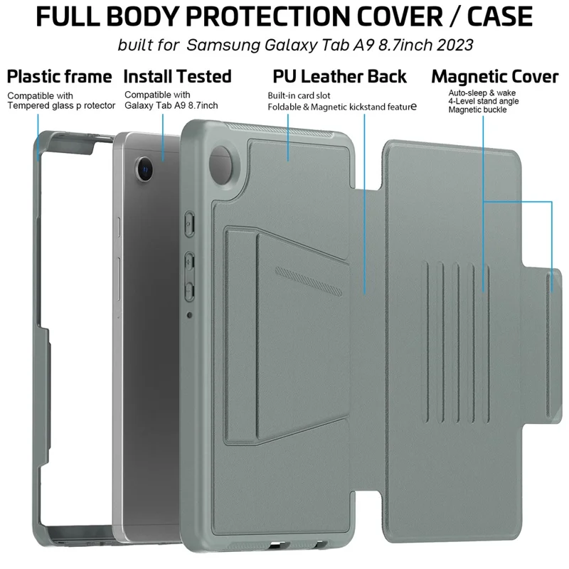 For Samsung Galaxy Tab A9 SM-X110 X115 Case Kickstand Card Holder Leather Tablet Cover - Grey