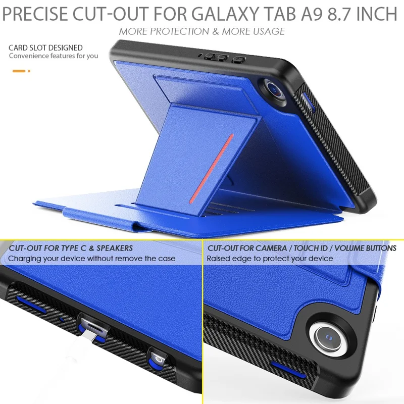 For Samsung Galaxy Tab A9 SM-X110 X115 Case Kickstand Card Holder Leather Tablet Cover - Blue