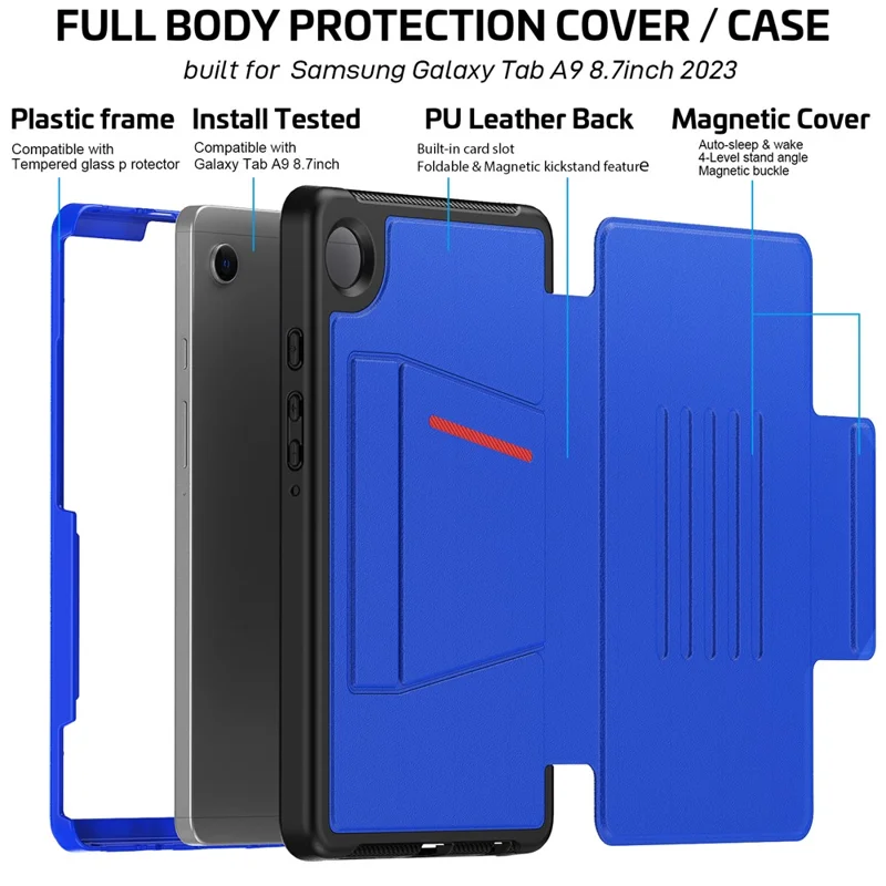 For Samsung Galaxy Tab A9 SM-X110 X115 Case Kickstand Card Holder Leather Tablet Cover - Blue